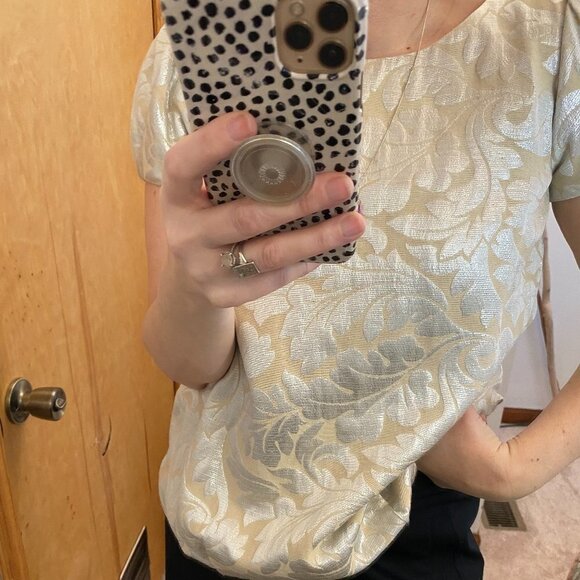 Tibi NY Silver and Gold Metallic Jacquard Leaf Bubble Sleeve Holiday Top - Picture 11 of 13
